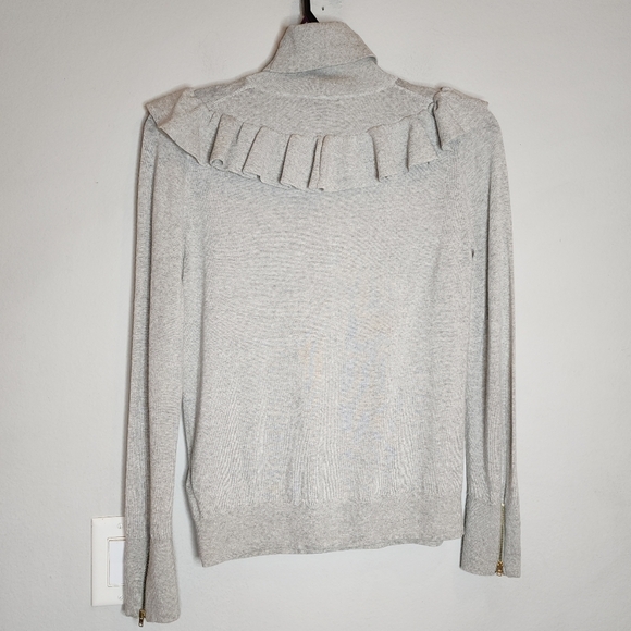 J. Crew Merino Wool Grey Turtleneck Ruffle Sweater Zip Cuffs Size Medium - Picture 8 of 16